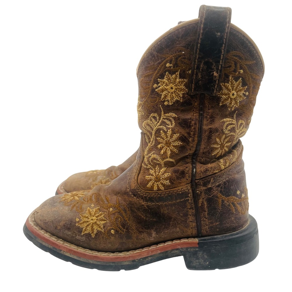 Dan Post Girls Cowboy Boots Brown Embroidered Floral Square Toe Size 10 Cowgirl